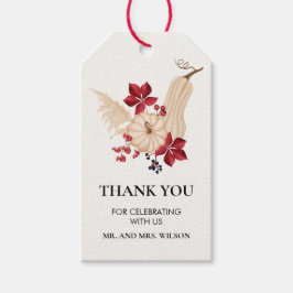 Elegante herfstpompoen en bordeauxrode bedanklabel cadeaulabel