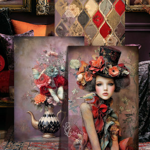 Elegante Hoedenmaker Harlekijn Rode Roos Trio Inpakpapier Vel