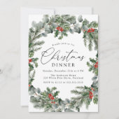 Elegante Holly Berries en Pine Christmas Dinner Kaart (Voorkant)
