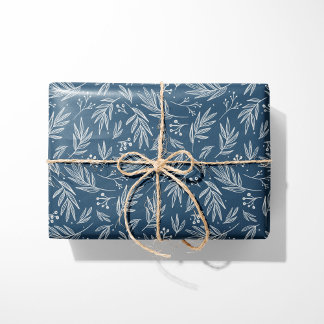Elegante Holly & Berry Stems Blauw Cadeaupapier