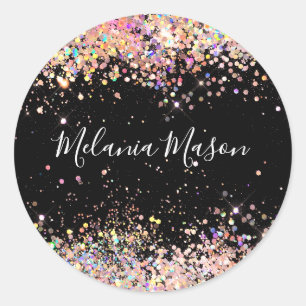 Elegante Holografische Glitter Stijlvolle Naam Zwa Ronde Sticker