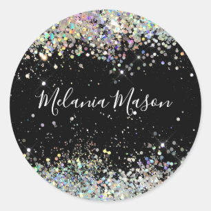 Elegante Holografische Glitter Stijlvolle Naam Zwa Ronde Sticker