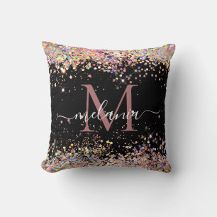 Elegante holografische glitters monogram naam zwar kussen