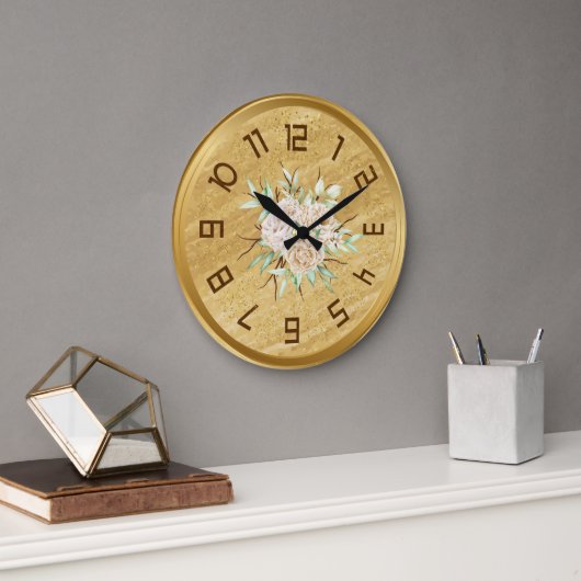 Élégante Horloge Mur Doré Avec Fleurs (Bureau)