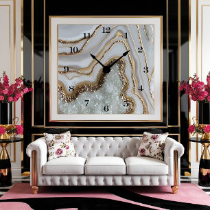 Élégante horloge murale en plaque d'agate blanche