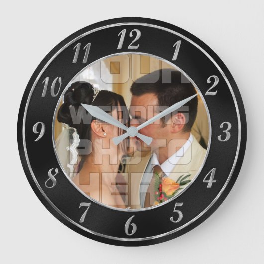 Élégante horloge photo Mariage noir et argent (Recto)