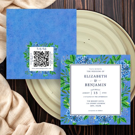 Elegante hortensia's bruiloft uitnodiging met QR-c