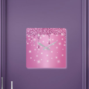 Elegante Hot Pink Glitter Drip Vierkante Klok