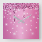 Elegante Hot Pink Glitter Drip Vierkante Klok (Voorkant)