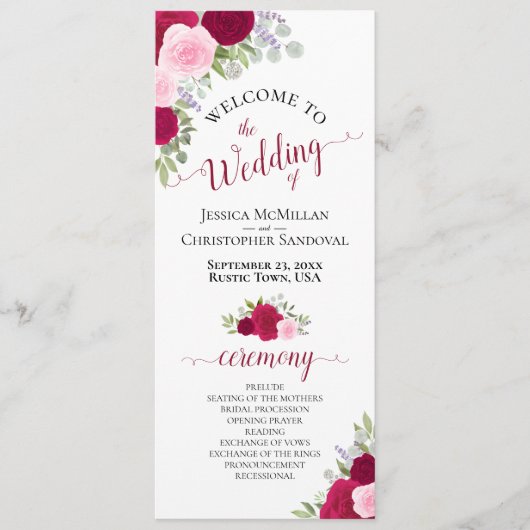 Elegante Hot Pink Rozen Waterverf Bloemen bruiloft Programma (Voorkant)