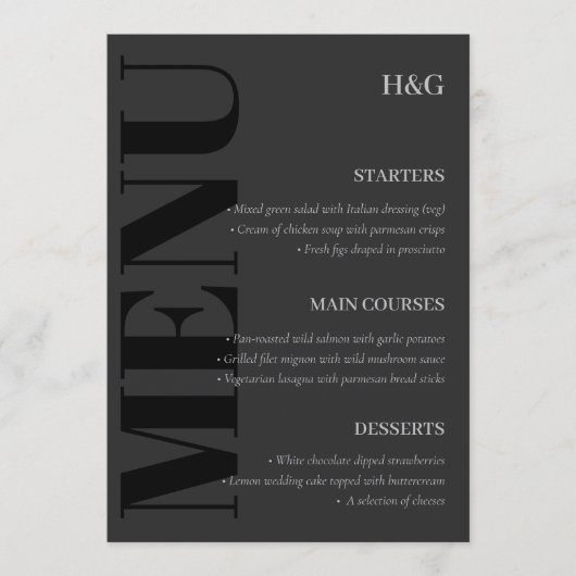 Elegante Houtskool Typografie Monogram Bruiloft Me Menu (Voorkant)