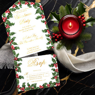 Elegante Hulst en Bessen Frame Kerstfeest All In One Uitnodiging