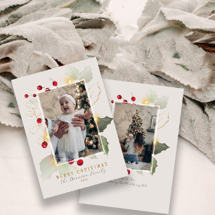 Elegante Hulst en Gouden Kerst Foto Feestdagenkaart