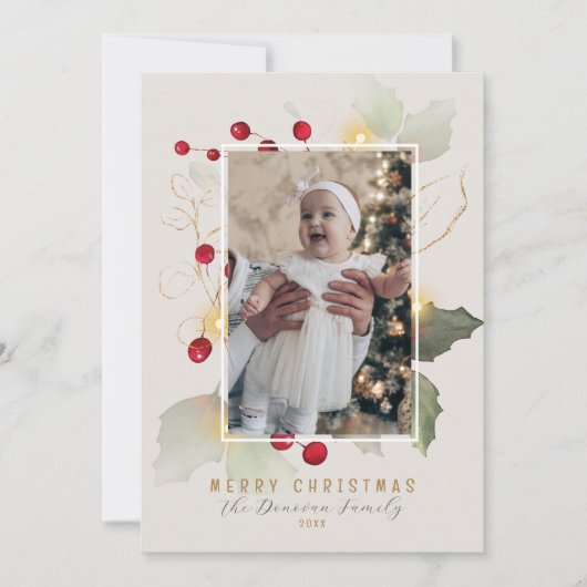 Elegante Hulst en Gouden Kerst Foto Feestdagenkaart (Voorkant)