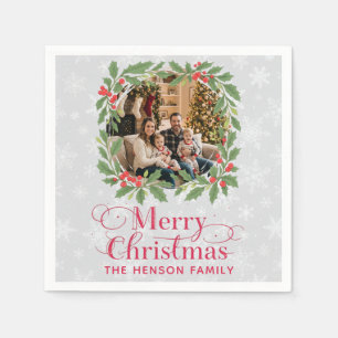 Elegante hulstkrans Vrolijk Kerstmis Familie Foto Servet