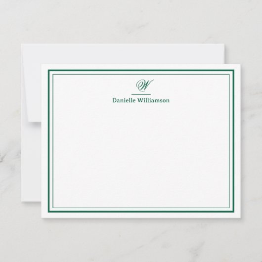 Elegante Hunter Green Monogram Dubbele Rand Wit Notitiekaartje (Voorkant)