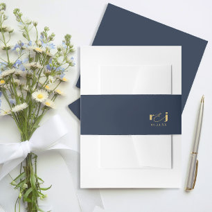 Elegante huwelijksinitiaal donkerblauw goud ID1312 Uitnodigingen Wikkel