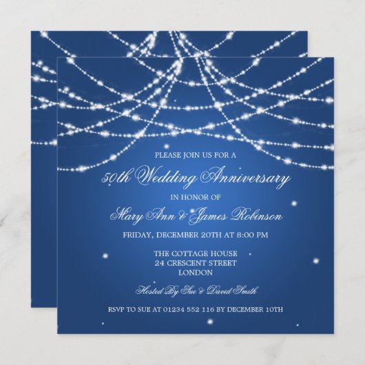 Elegante huwelijksjubileum String Of Stars Blauw Kaart (Voorkant / Achterkant)