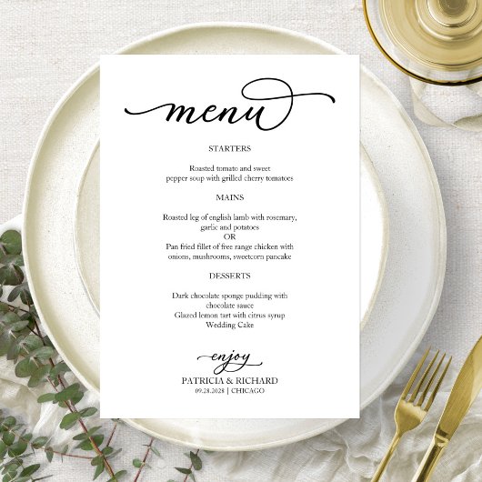 Elegante Huwelijksmenu in Zwart en Wit Schrift Menu