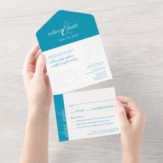 Elegante huwelijksuitnodiging, Aqua All-in-One All In One Uitnodiging (Afscheurbaar)