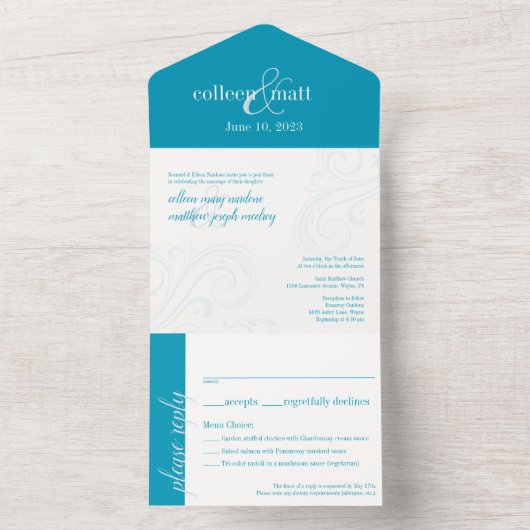 Elegante huwelijksuitnodiging, Aqua All-in-One All In One Uitnodiging (Binnen)