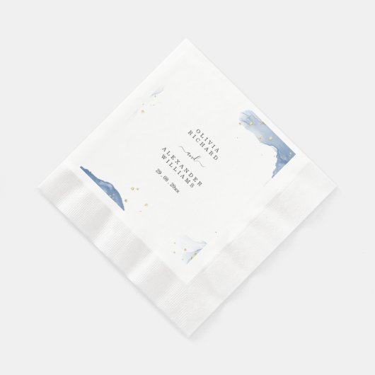 Elegante huwelijksuitnodiging blauw en goud minima servet (Hoek)