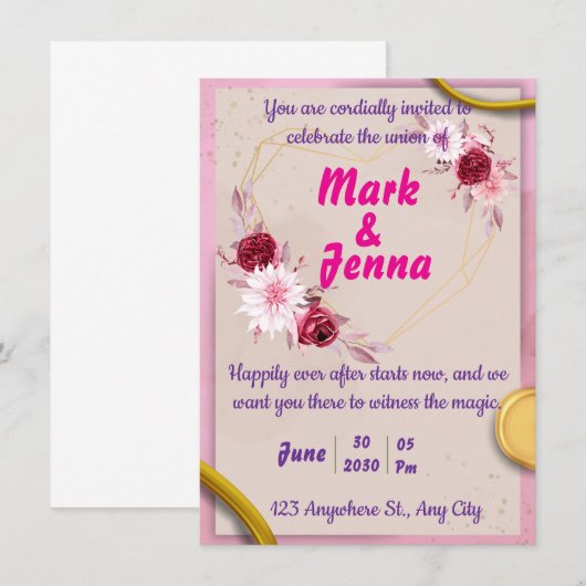 Elegante huwelijksuitnodiging Bloementhema Kaart (Voorkant / Achterkant)