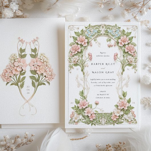 Elegante Hydrangea Art Nouveau bruiloft Kaart