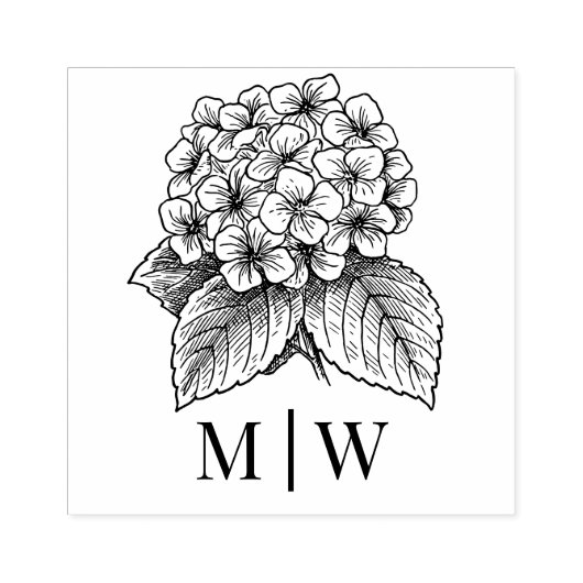 Elegante Hydrangea Boeket Bruidspaar Beginletters Rubberstempel (Afrduk)