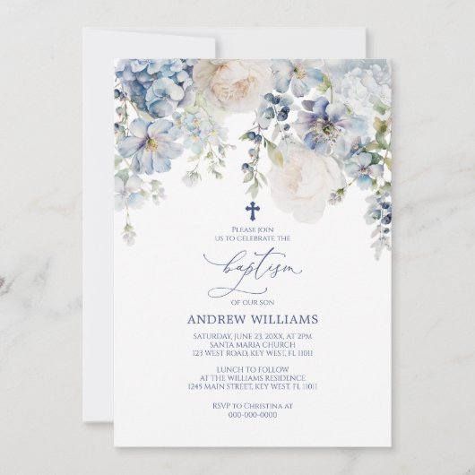Elégante Hydrangée Bleue & Invitation Baptême Rose (Devant)