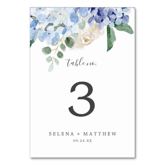 Elégante Hydrangée Bleue | Numéro de table blanche (Dos)