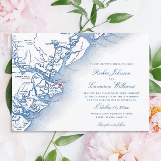 Elégante Île Tybee Géorgie Carte Marine Mariage bl