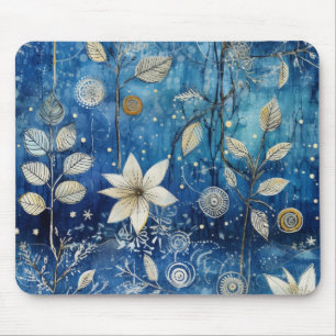 Elegante Indigo Blauwe Winter Botanische Muismat