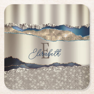 Elegante Indigo Blue Agaat Sequins Vierkante Kartonnen Onderzetter