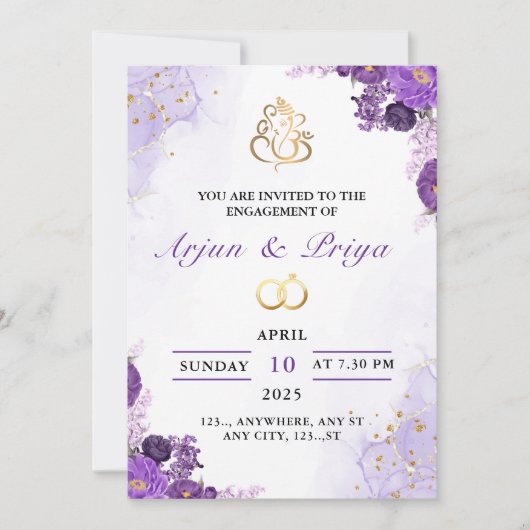 Elegante Indische Paarse Bloemen Verloving Uitnodi Kaart (Voorkant)
