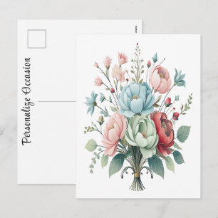 Elegante ingepakte bloemenboeket zachte pastelkleu feestdagenkaart