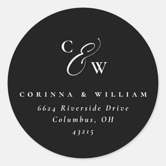 Elegante initialen eenvoudige zwart-wit bruiloft c ronde sticker (Voorkant)