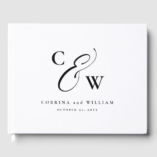 Elegante initialen fotocollage zwart wit bruiloft gastenboek (Voorkant)