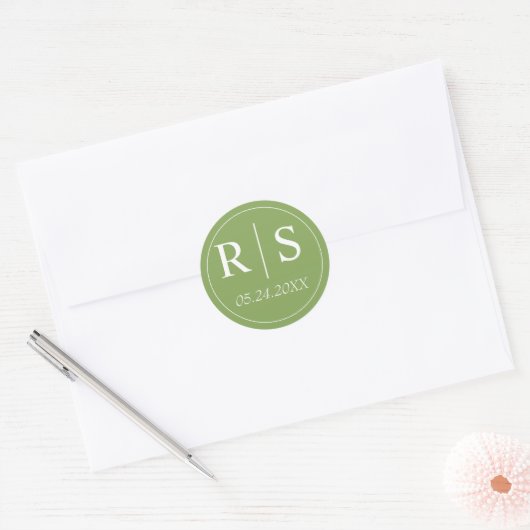 Elegante initialen groen bruiloft classic round ronde sticker (Envelop)