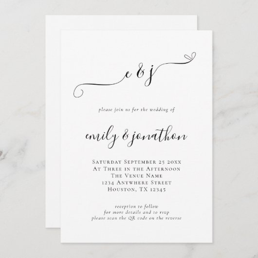 Elegante initiële QR-code voor bruiloften in schri Kaart (Voorkant / Achterkant)