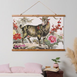 Elegante inktwassingeitenbok met bloemrijke Aziati Hangend Wandkleed