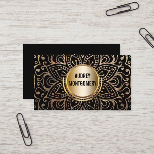 Elegante Instructeur | Mandala Gouden Zwarte Boho Visitekaartje (Voorkant / Achterkant in situ)