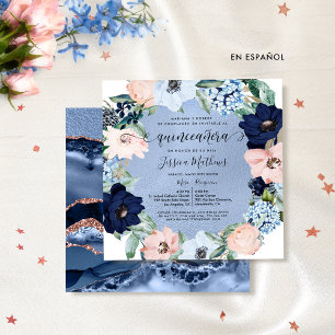 Elegante invitación de Quinceañera Azul y Rosa Kaart