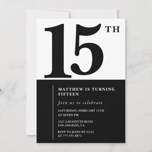 Elégante invitation 15e anniversaire Black Chic Mo (Devant)