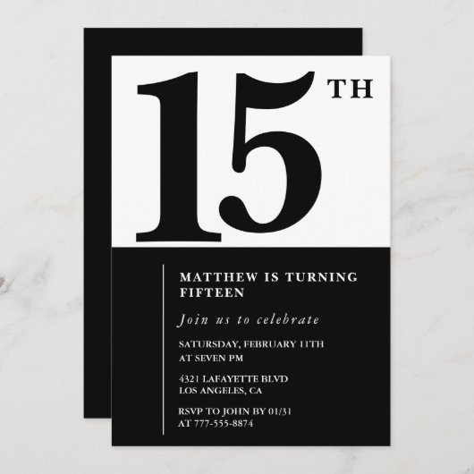 Elégante invitation 15e anniversaire Black Chic Mo (Devant / Derrière)