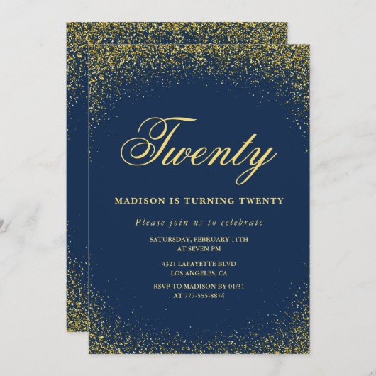 Elégante invitation 20e anniversaire Marine Partie (Devant / Derrière)