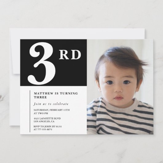 Elégante invitation 3e anniversaire Black Boy Phot (Devant)