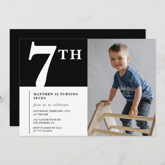 Elégante invitation 7ème anniversaire Black Boy Ph (Devant / Derrière)