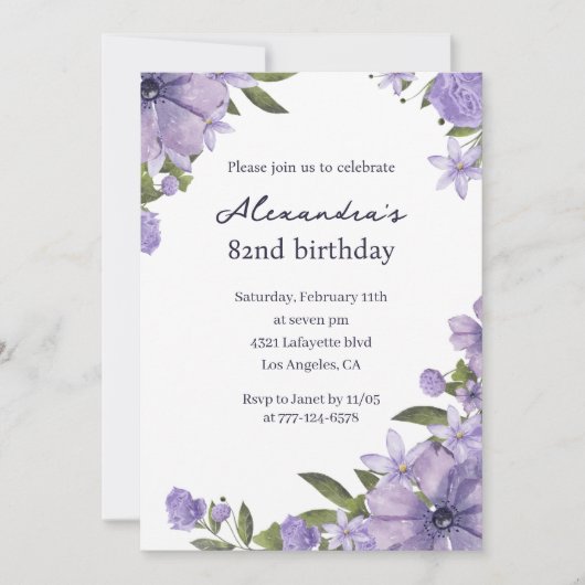 Elégante invitation 82e anniversaire Boho violet (Devant)