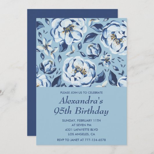 Elégante invitation 95e anniversaire Floral Blue (Devant / Derrière)